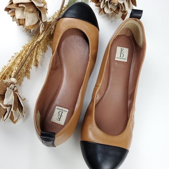 🔴  ED LOVE Lilliane2 Camel Black Cap Toe Flat 7.5w - Picture 5 of 13